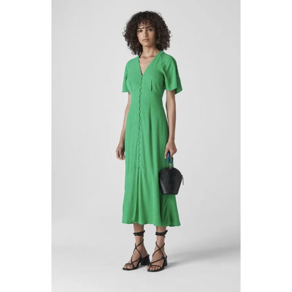 WHISTLES Micro Spot Button Maxi Dress in Green Polka Dot Preppy Flowy Cottage